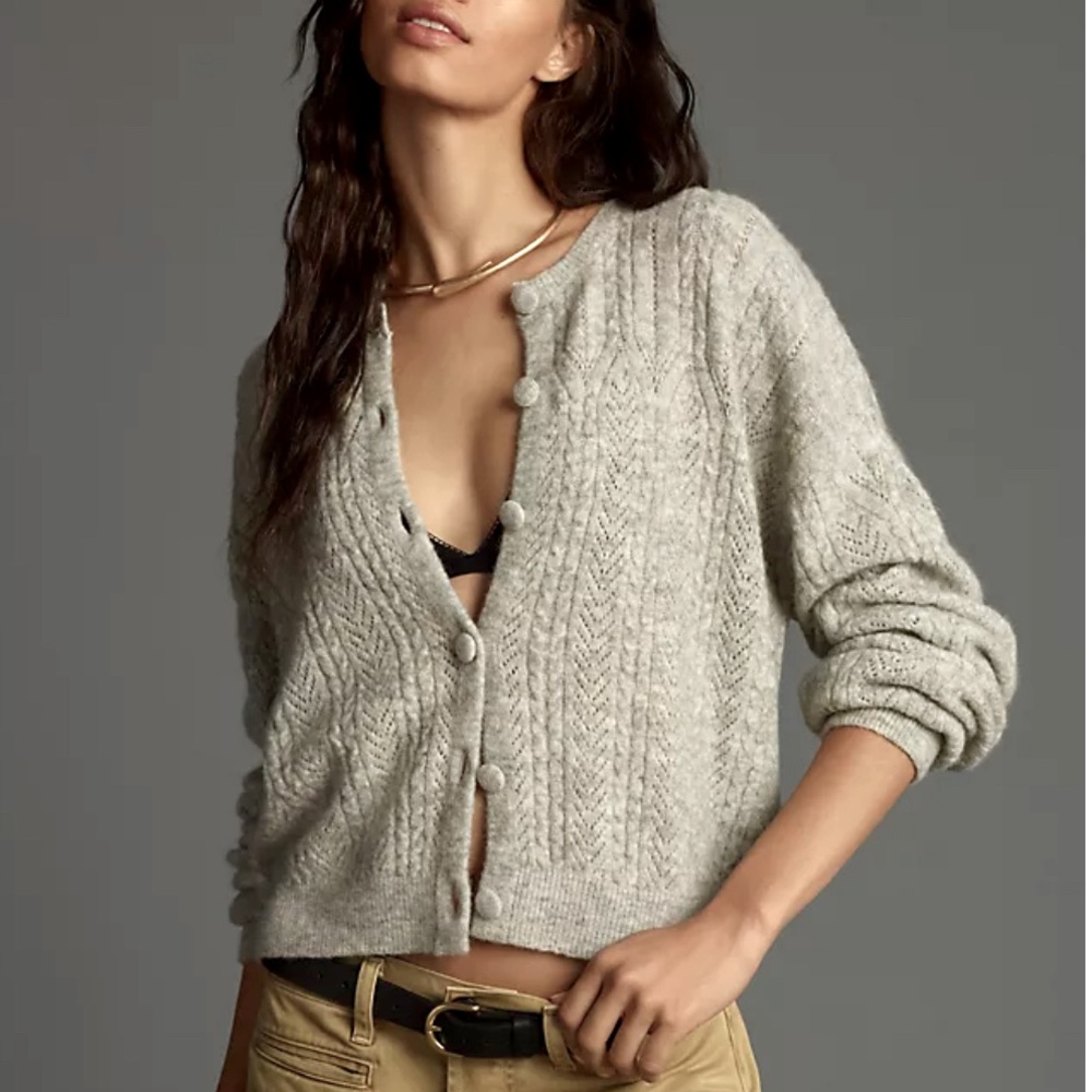 Anthropologie Pointelle Cardigan Sweater - Grey Medium